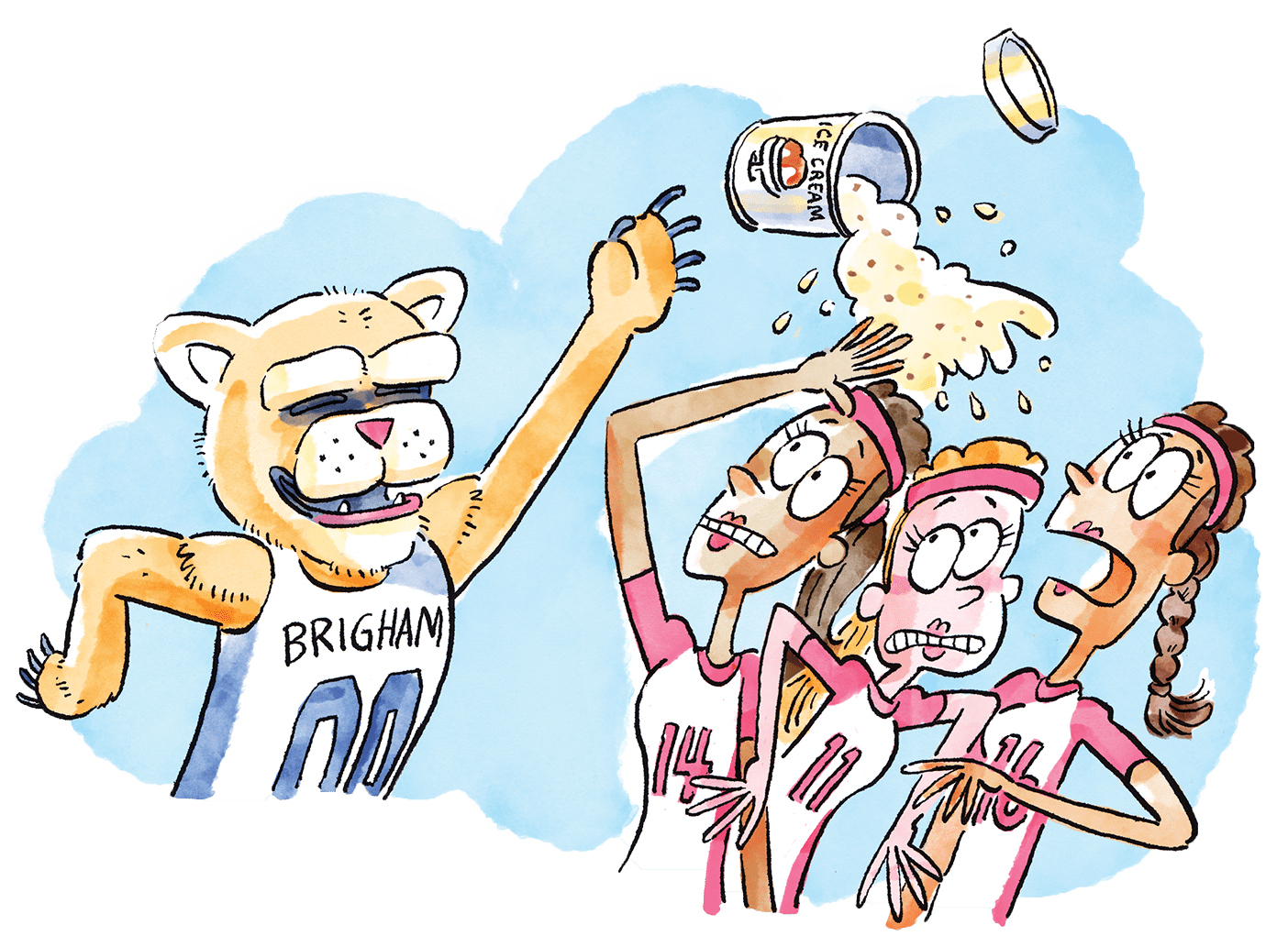 Illustration of Cosmo the Cougar as he attempts to throw a pint of BYU Creamery ice cream to jubilant fans in the Smith Fieldhouse, but the melted product opens and showers members of the opposing women's volleyball team.