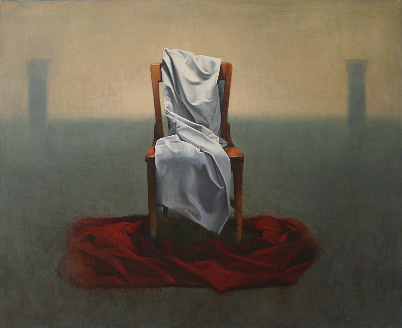 Oil painting of a chair upon a Scarlett red cloth, covered partially by a white cloth.