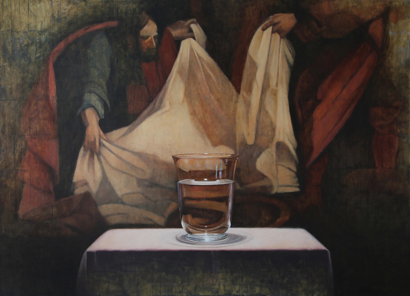 Oil painting of a glass of water in front of another painting depicting a man holding up a white sheet.