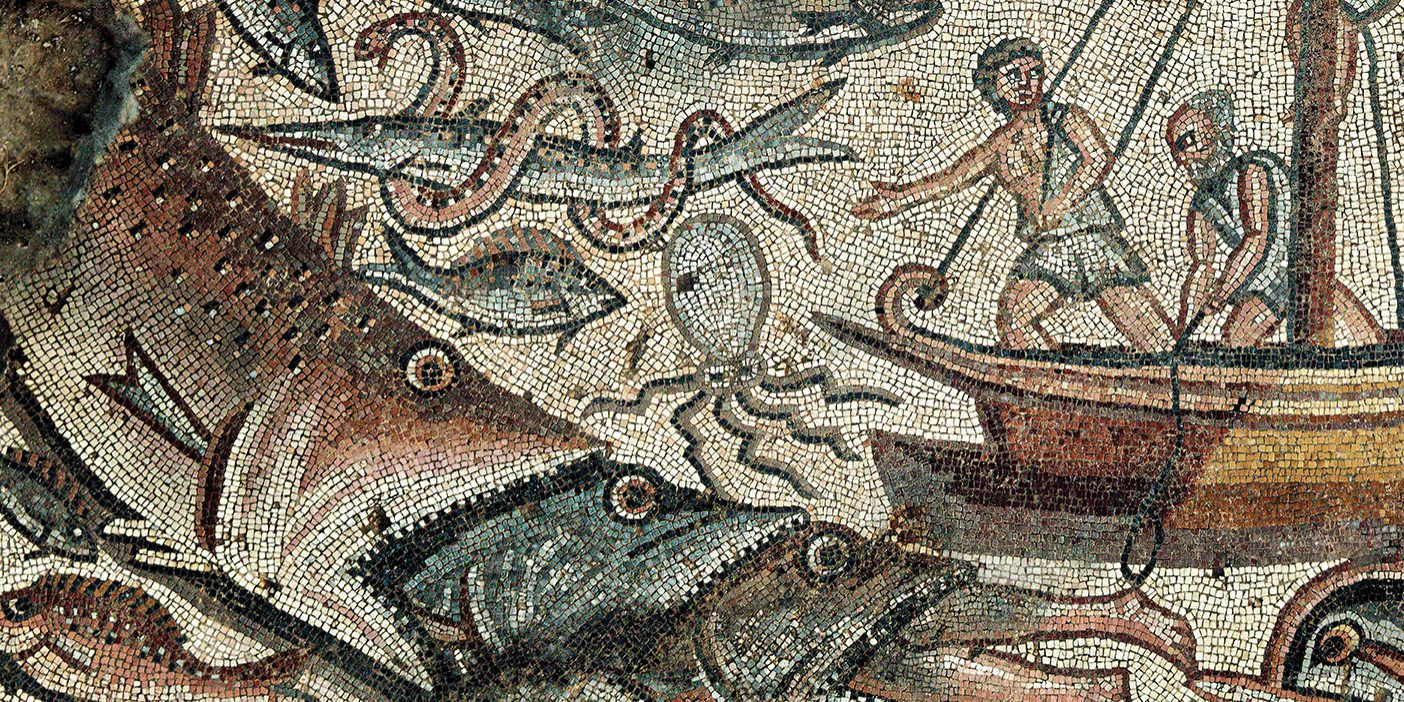 Detail of a mosaic depicting biblical Jonah being swallowed by three fish.