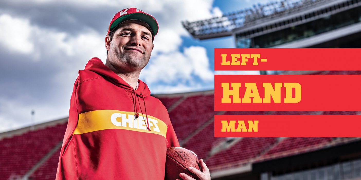 Opening spread of a magazine article titled "Left-Hand Man" with a picture of Porter Ellett, a senior assistant for the Kansas City Chiefs.