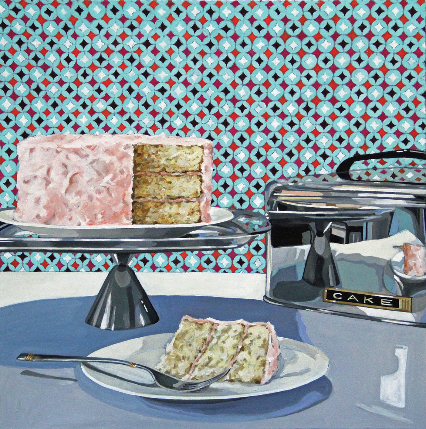 A painting of a pink, frosted cake on a cake stand. A cut-out piece is reflected in the metallic lid of the cake stand.