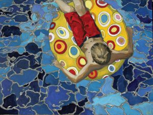 The painting depicts a birds-eye view of a a boy in red swim trunks, reclining on a polka-dotted inner-tube in a pool.
