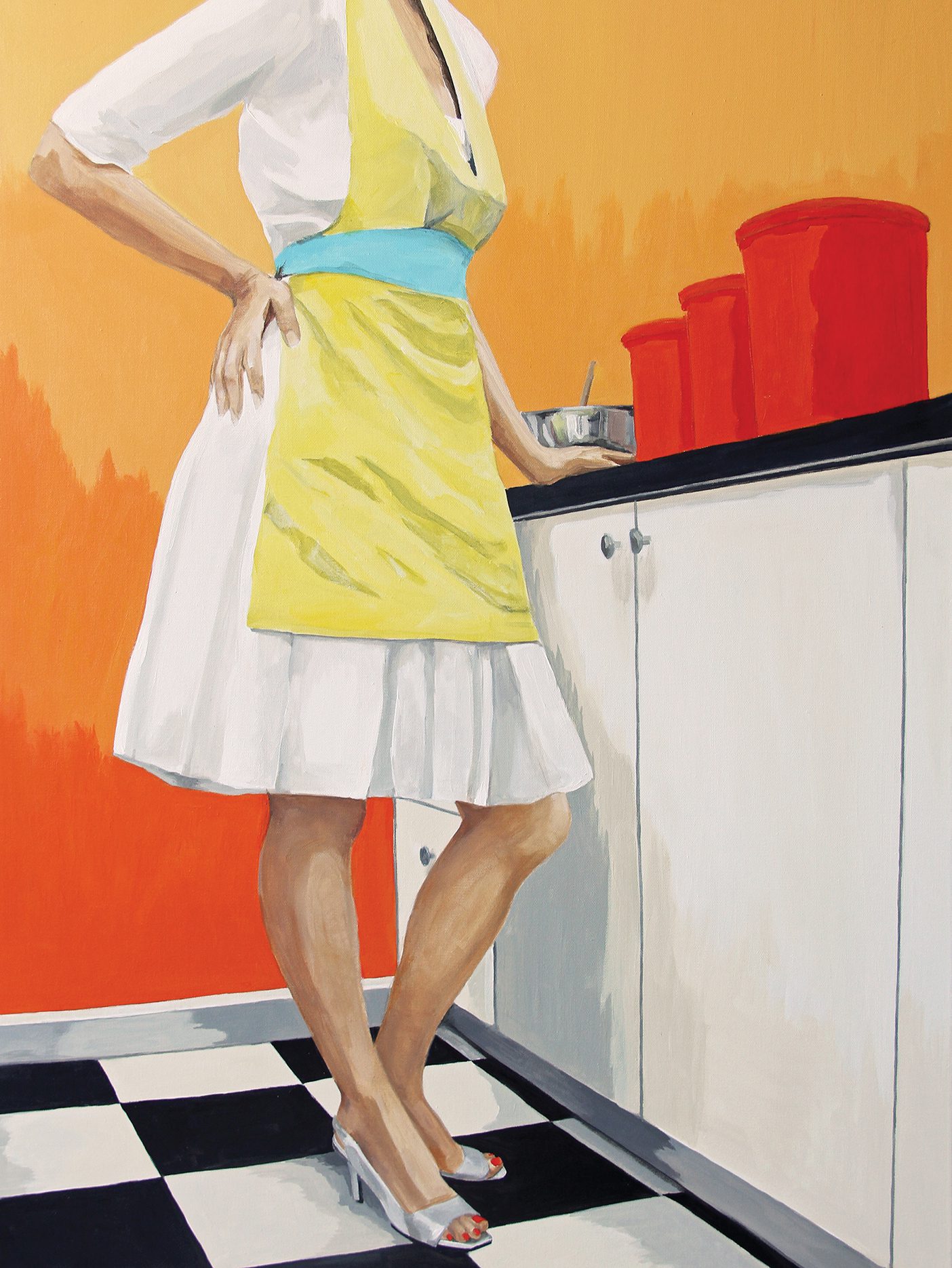 A painting of a woman in a white, 50's-style dress, a yellow apron, and heels. She stands in front of a counter with her hand on her hip. There are three large red canisters and a metal mixing bowl on the counter in front of her. Her head is out of the frame.