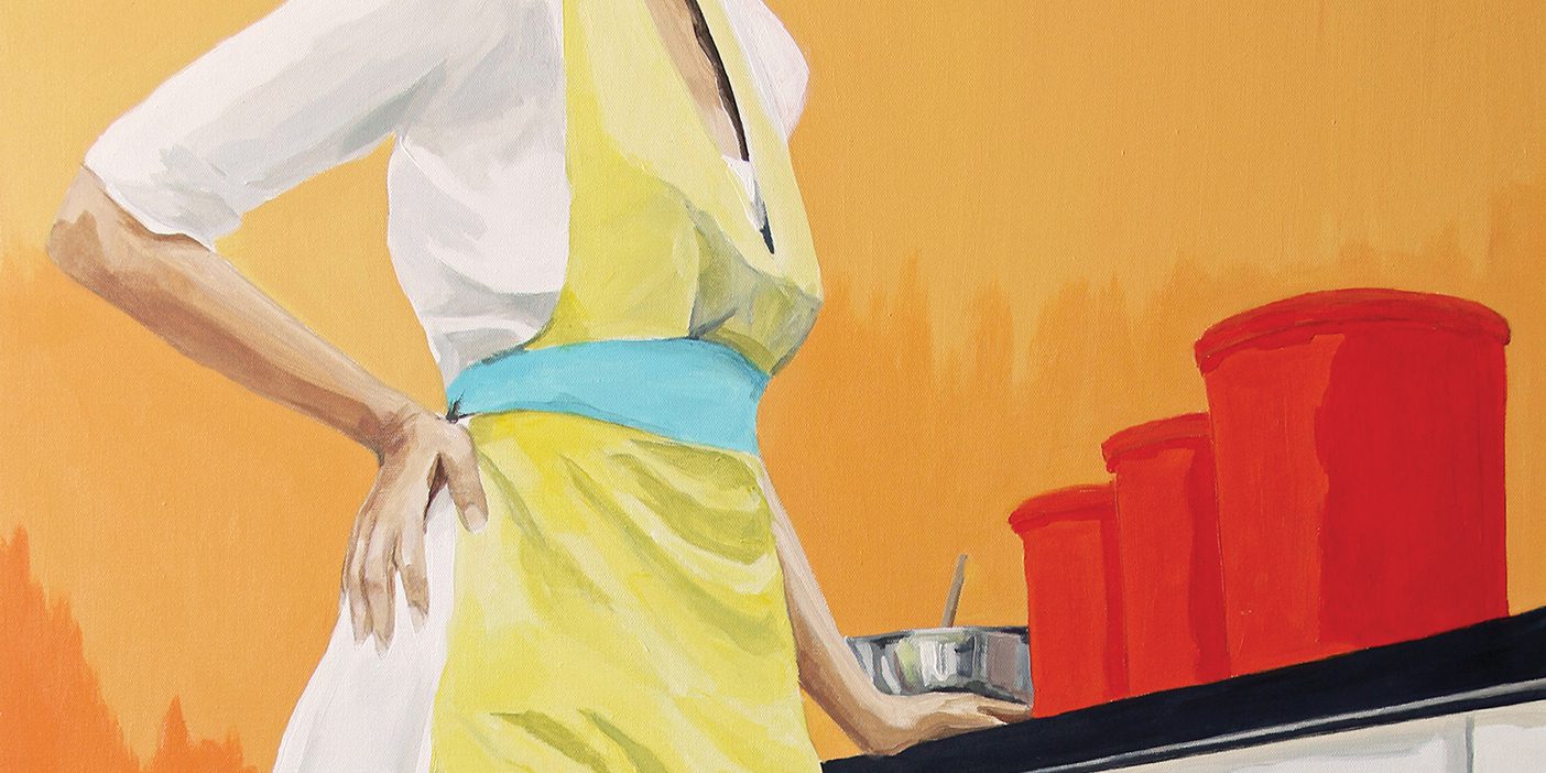 A painting of a woman in a white, 50's-style dress, a yellow apron, and heels. She stands in front of a counter with her hand on her hip. There are three large red canisters and a metal mixing bowl on the counter in front of her. Her head is out of the frame.