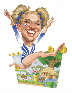 A caricature illustration of BYU gymnast Shannon Evans leaping out of a Mario Bros game.