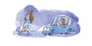 illustration of a girl driving car in snow behind girl walking