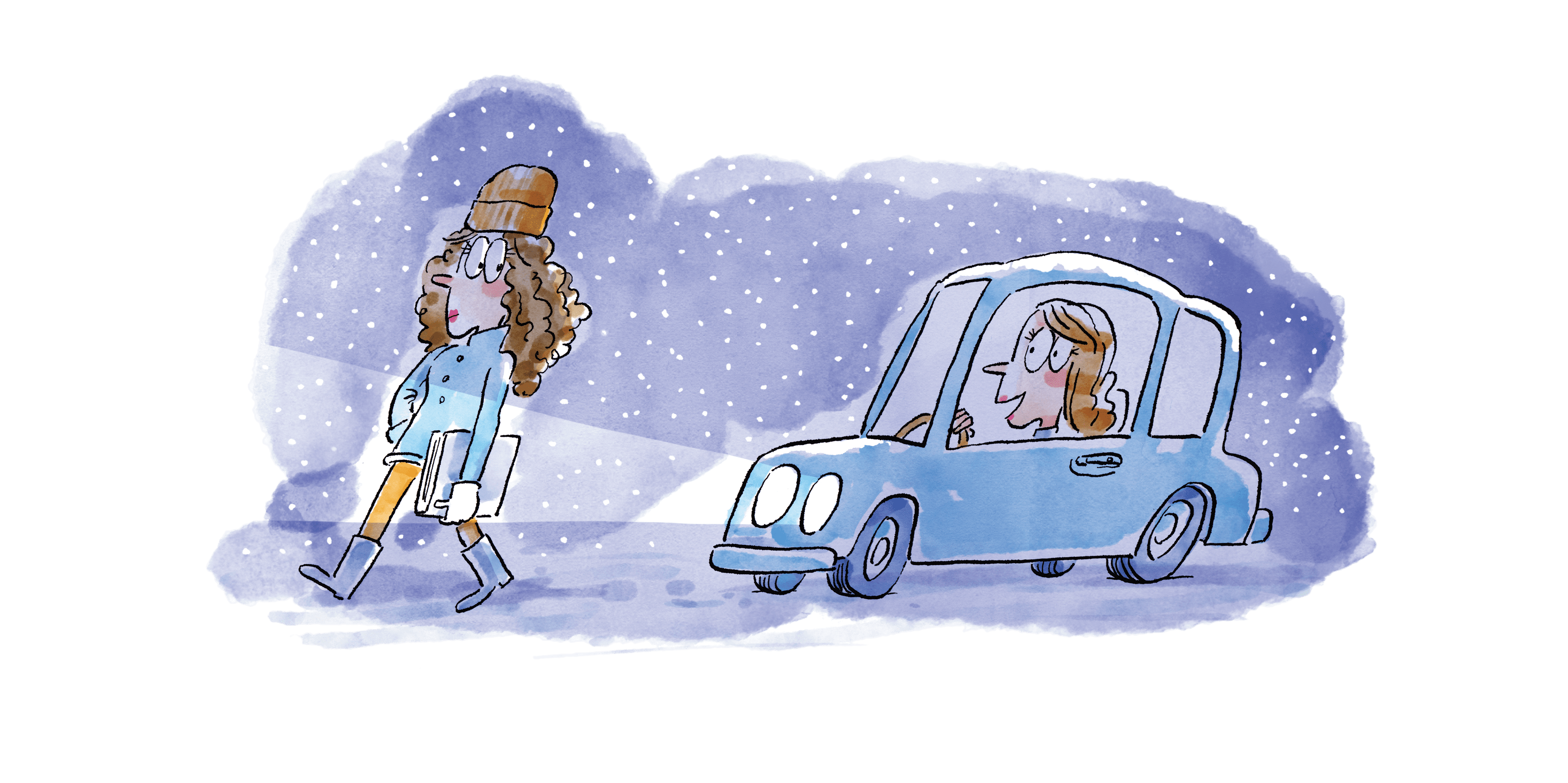 illustration of a girl driving car in snow behind girl walking