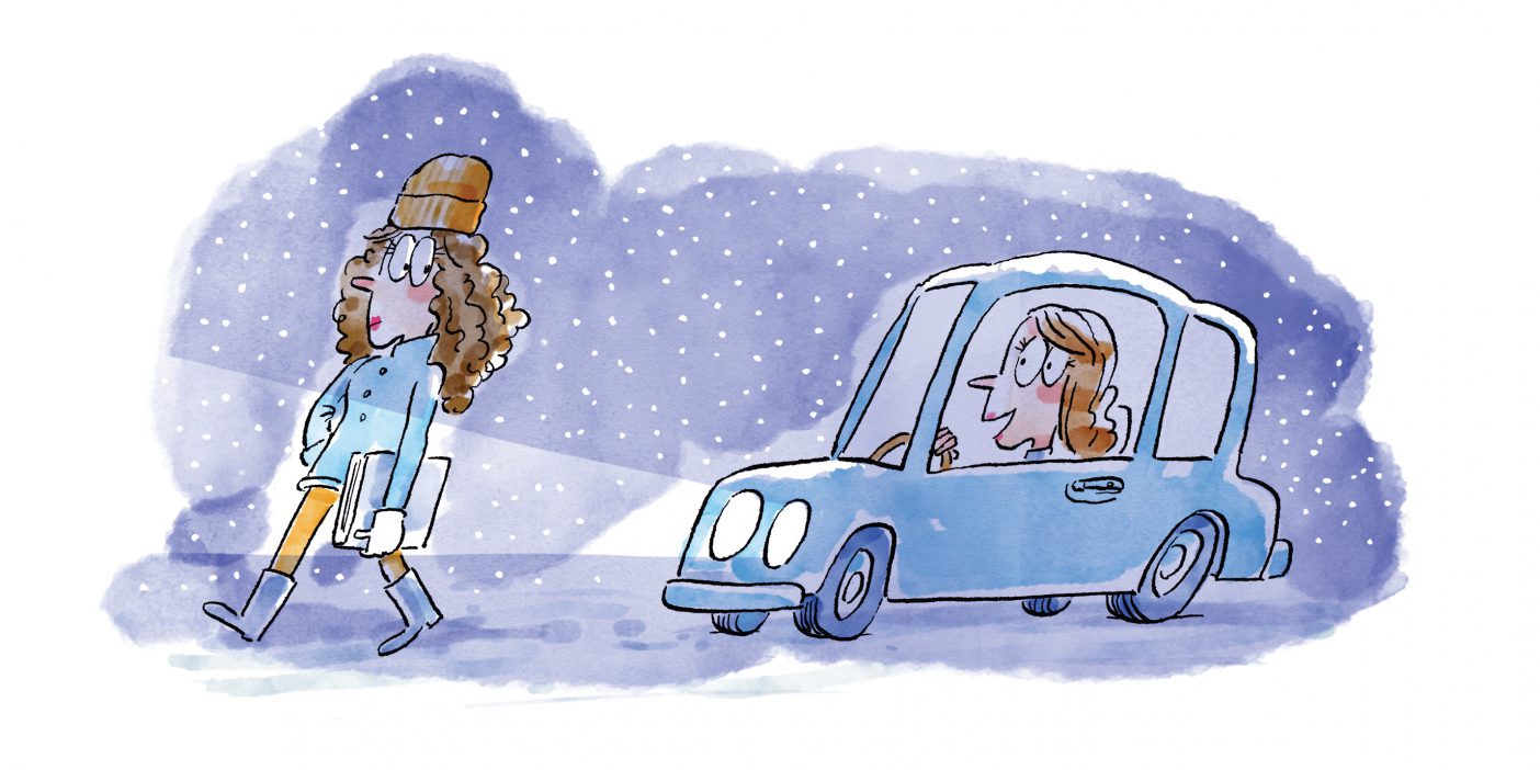 illustration of a girl driving a car in snow behind girl walking