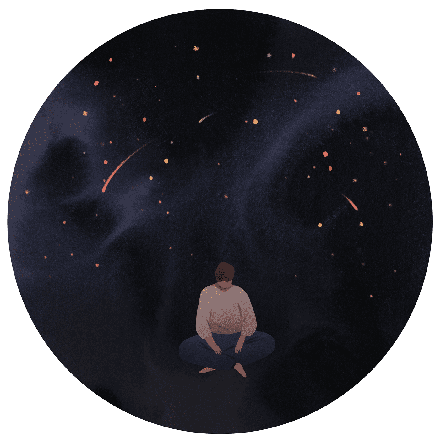An illustration of a person sitting cross-legged under the night sky.