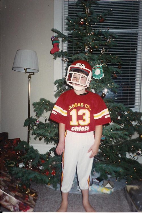 Porter Ellett, age 5 or 6, wearing a Kansas City Chiefs uniform.