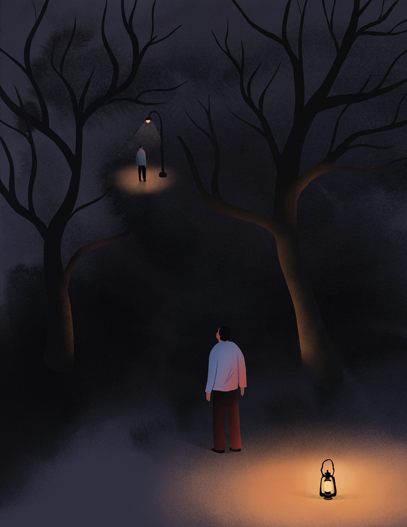 An illustration of a man standing near lamp on a dark night who sees another man in the distance standing underneath a lamp post.
