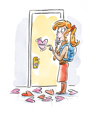 Illustration of girl finding Valentines outside her door.