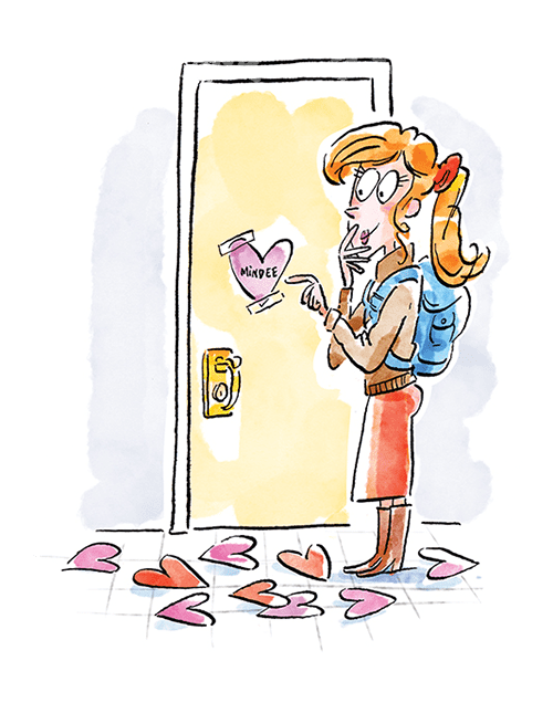 Illustration of girl finding Valentines outside her door.