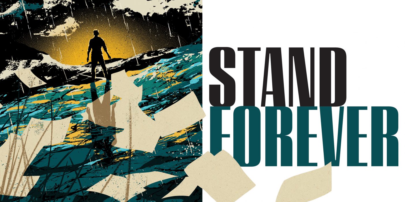 The opening image of a magazine article with title: "Stand Forever" An illustration of a man walking through a stormy scene with papers falling around him.
