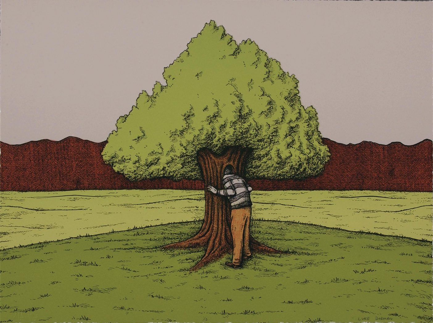 A colored print of a man hugging a tree in a green field.