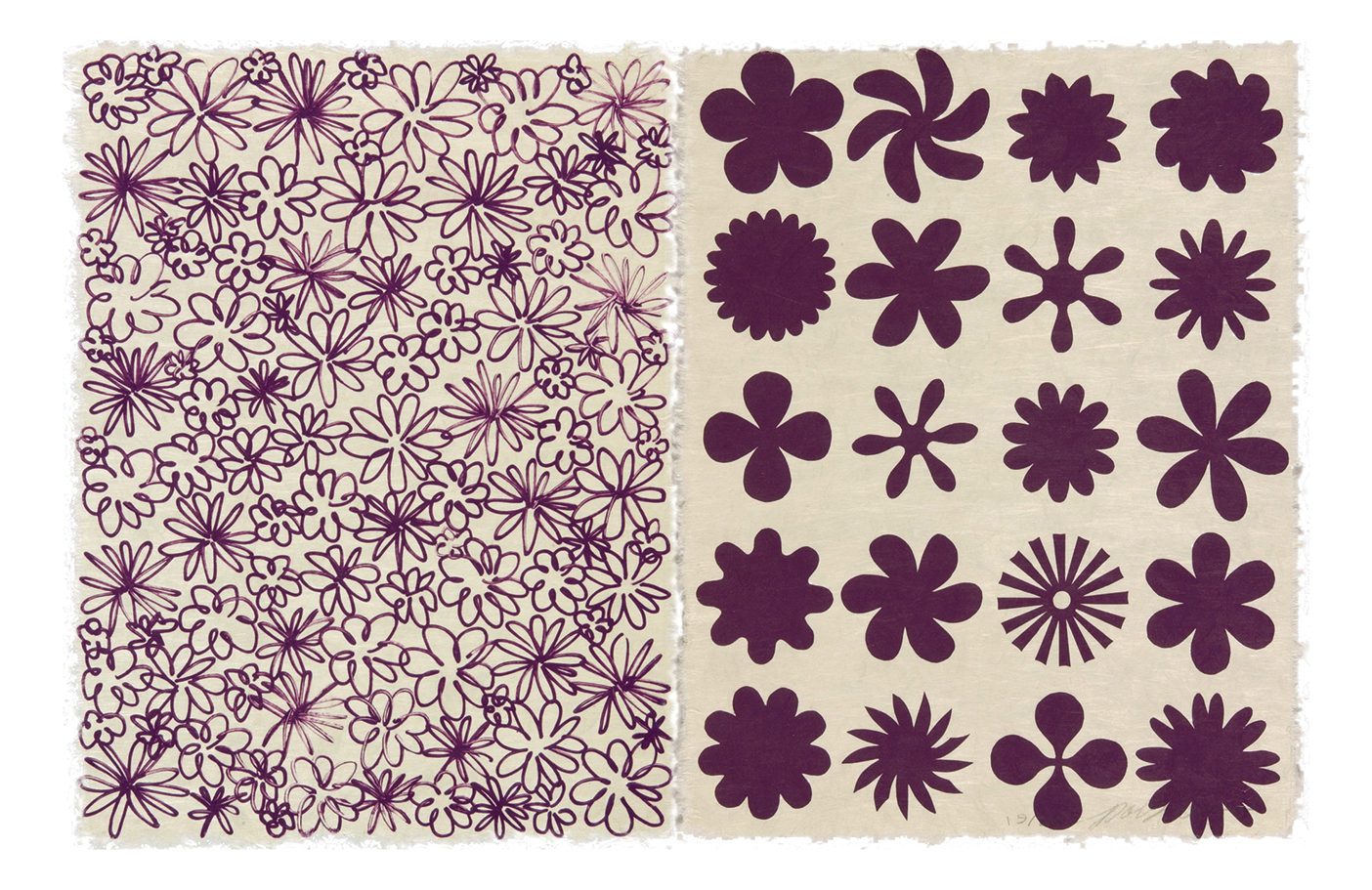 Print of purple flowers. The left half of the flowers are close together and smaller and the right half are larger and spread out evenly in rows.