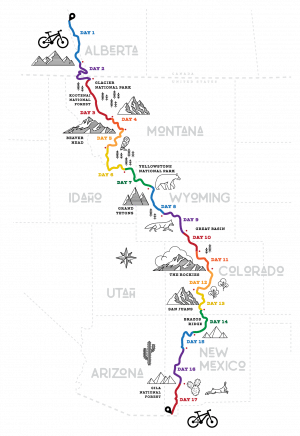 A map showing the trail Ty Hopkins biked from Canada to New Mexican–Mexican border. Starting in Banff, Cananda, Hopkins rode down through Montana, along the Idaho border, then through Wyoming, Colorado, and New Mexico.