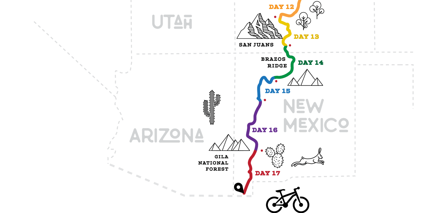 A map showing the trail Ty Hopkins biked from Canada to New Mexican–Mexican border. Starting in Banff, Cananda, Hopkins rode down through Montana, along the Idaho border, then through Wyoming, Colorado, and New Mexico.