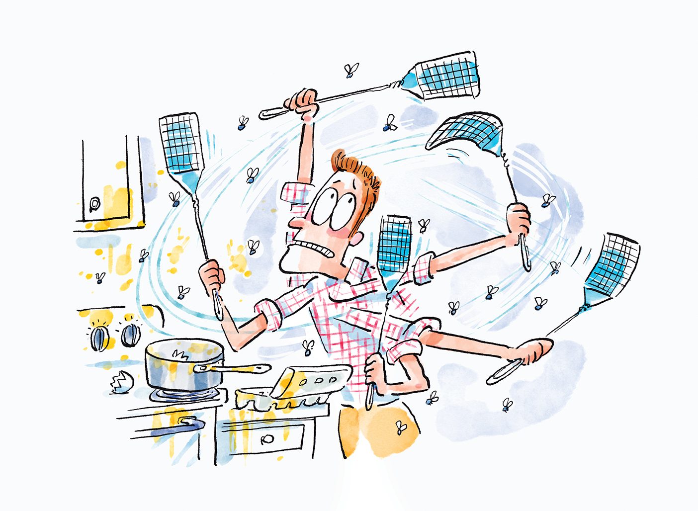 illustration of a guy furiously swatting a swarm of flies in his kitchen.