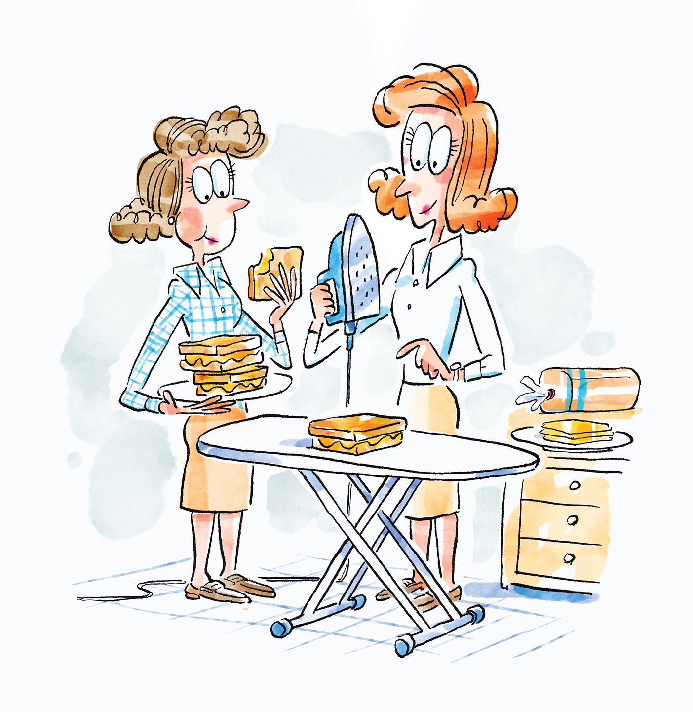 Illustration of two young women using a clothes iron to make grilled cheese sandwiches.