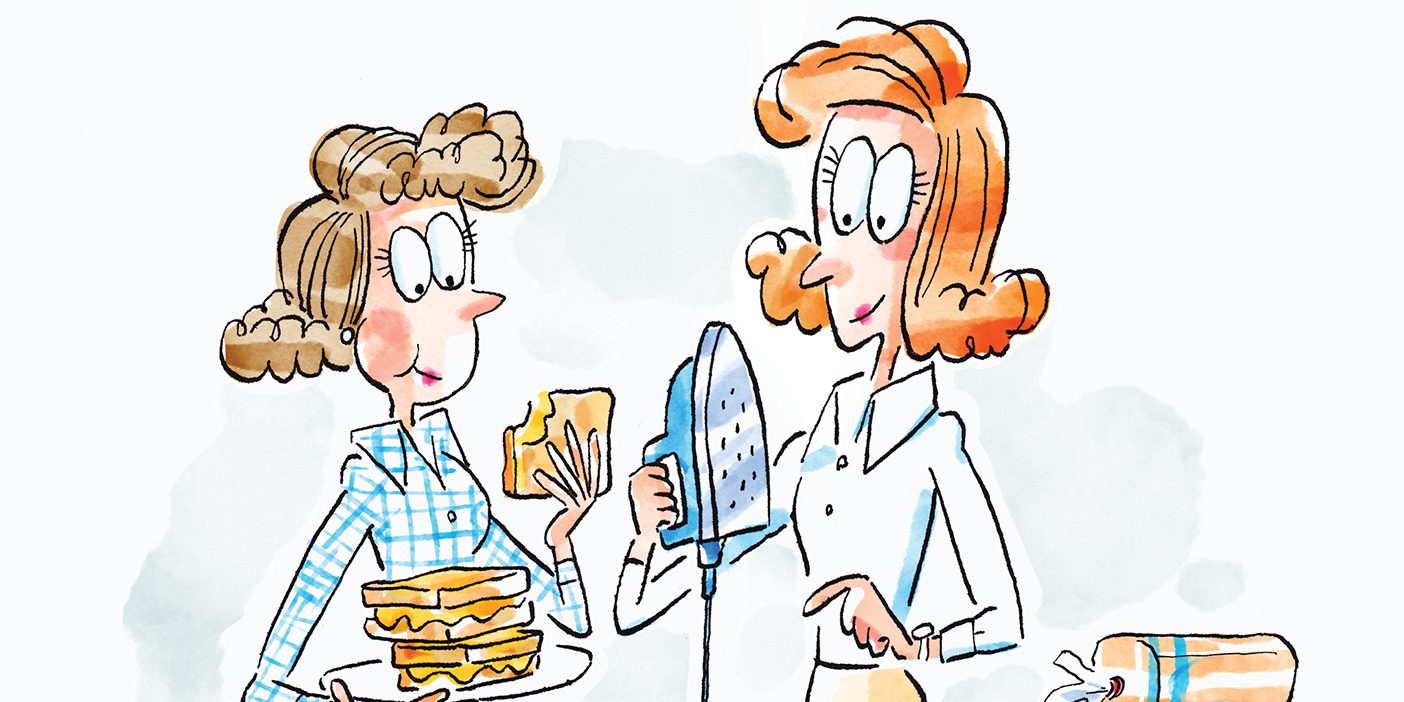 Illustration of two young women using a clothes iron to make grilled cheese sandwiches.