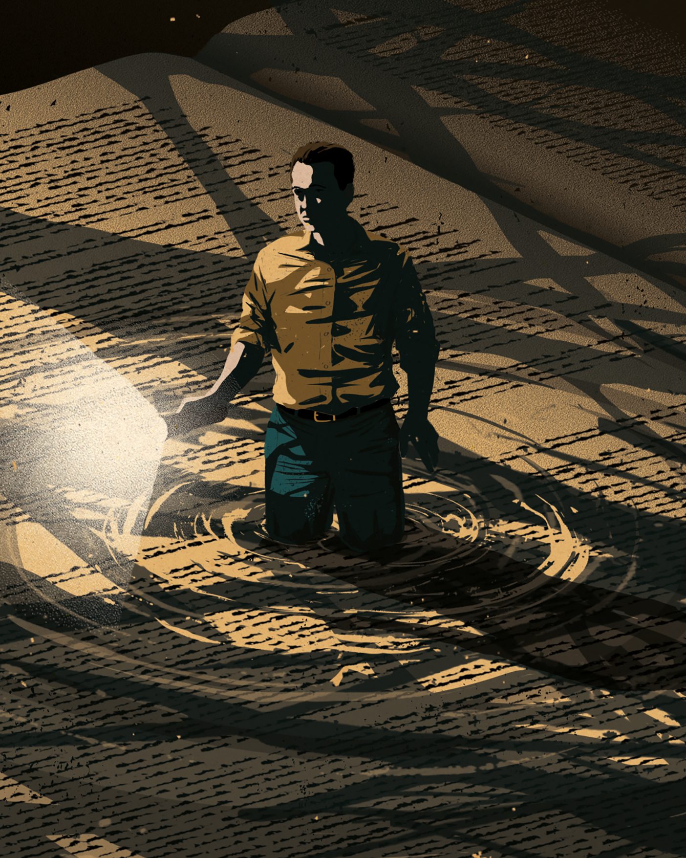 An illustration using muted colors shows a man wading through water with a flashlight. On closer look, the water is a an open book with lots of text.