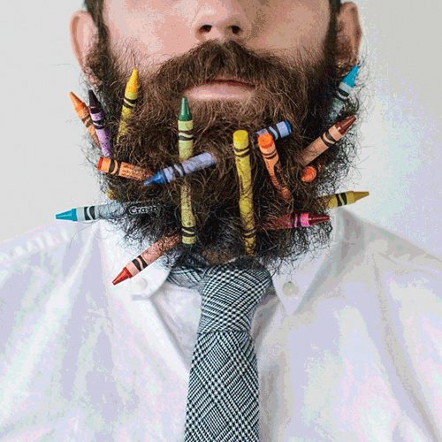 A portrait of a bearded man from the nose down with crayons stuck in his beard.