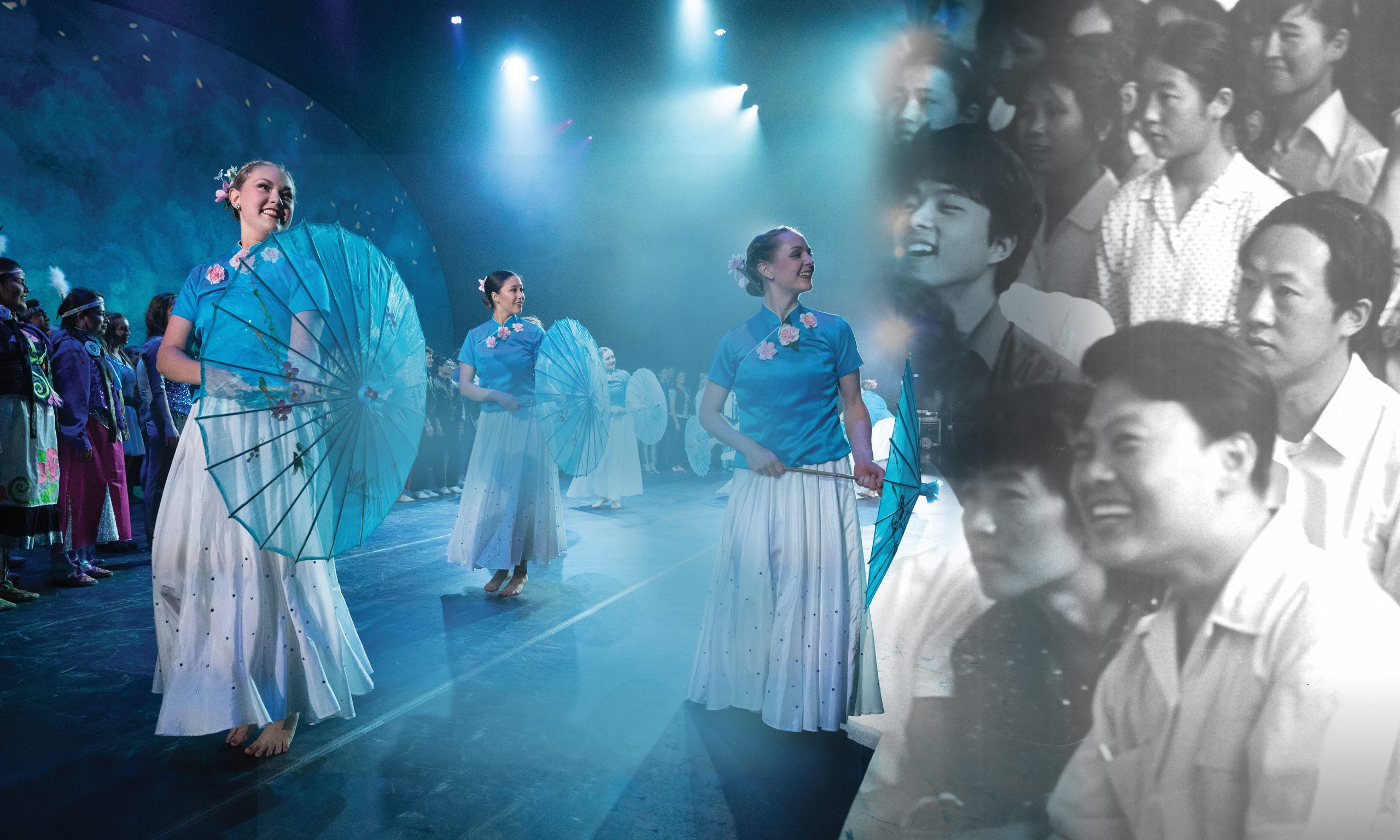 A composite image of two images fading into each other. The first image features BYU Student performers in China-inspired light blue shirts and white skirts, holding blue Chinese umbrellas. The second image is black and white and shows an audience in China.