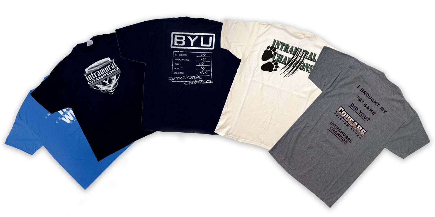 Five intramural champion T-shirts laid in a row on white.