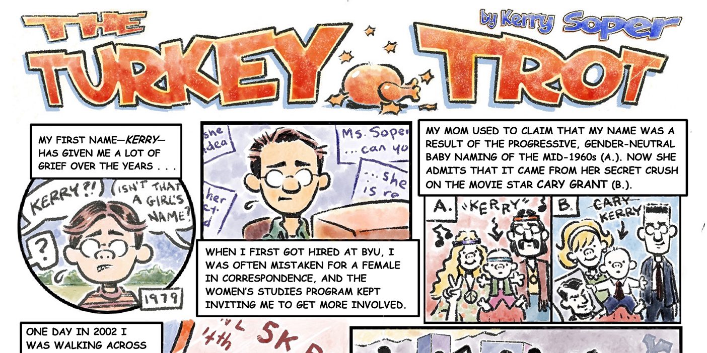 The top portion of a comic strip, linking to the full comic about a Turkey Trot 5K.