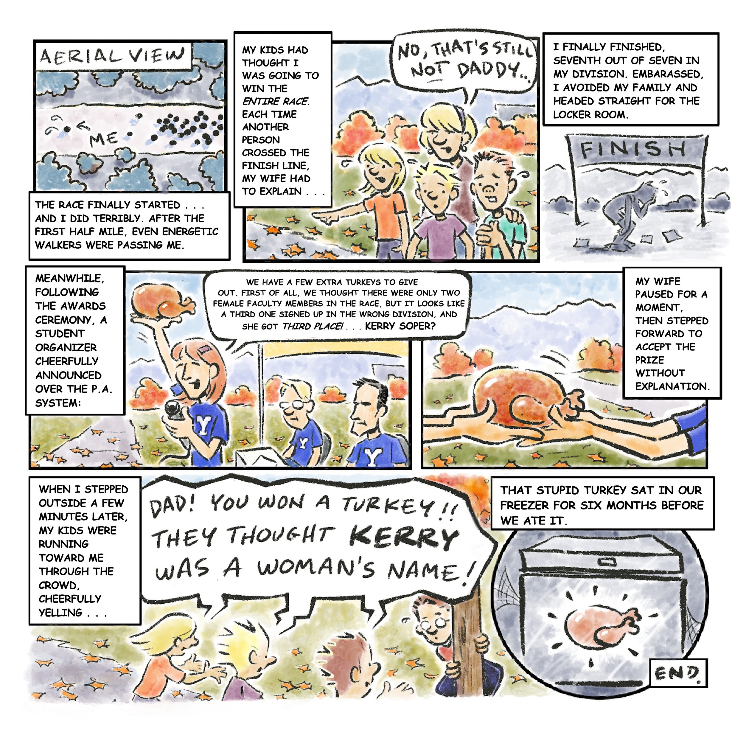 Turkey Trot comic, part 2: Panel 1: This art is labeled “Aerial View.” It has a lot of black dots on a trail representing racers as seen from above. There is a large pack of runners all together and then one significantly behind the others. This one is labeled with an arrow that says, “me.” The text box reads: “The race finally started, and I did terribly. After the first half mile, even energetic walkers were passing me.” Panel 2: The art shows Kerry’s family waiting nervously at the finish line pointing and watching. A speech bubble coming from his wife reads, “No, that’s still not daddy . . . ” The text box says: “My kids had thought I was going to win the entire race. Each time another person crossed the finish line, my wife had to explain . . . ” Panel 3: This illustration is also in black and white. It shows the silhouette of Kerry devastated with his head in his hands at the finish line of the race. The text box reads: “I finally finished. Seventh out of seven in my division. Embarrassed, I avoided my family and headed straight for the locker room.” Panel 4: The art depicts one of the same women who was seated at the registration table making an announcement and holding up a turkey. The text box reads: “Meanwhile, following the awards ceremony, a student organizer cheerfully announced over the P.A. system:” Her speech bubble coming from this student says, “We have a few extra turkeys to give out. First of all, we thought there were only two female faculty members in the race, but it looks like a third one signed up in the wrong division. And she got THIRD PLACE! . . . Kerry Soper?” Panel 5: The art here shows a close-up of two pairs of hands as one passes a turkey to the receiver. The text box reads: “My wife paused for a moment, then stepped forward to accept the prize without explanation.” Panel 6: Kerry is hiding behind a pole as his three children excitedly run towards him. The text box says: “When I stepped outside a few minutes later, my kids were running toward me through the crowd, cheerfully yelling . . . ” A speech bubble coming from all three of the children reads, “Dad! You won a turkey!! They thought Kerry was a woman’s name!” Panel 7: A black-and-white freezer contains a turkey. The turkey is in color and emphasized. The text box states: “That stupid turkey sat in our freezer for six months before we ate it.” END.