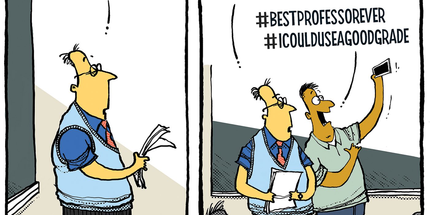 A two panel comic shows a professor saying, "Please turn to page 48 in your textbook . . . " The second panel shows to professor saying, ". . . after Mr. Diaz finds his seat and puts his phone away." Mr. Diaz holds up his phone with "#bestprofessorever #icoulduseagoodgrade" above his head as he takes a selfie with the professor. Caption for the comic reads, "News headline: BYU is "most Instagrammed college campus" in the United States.