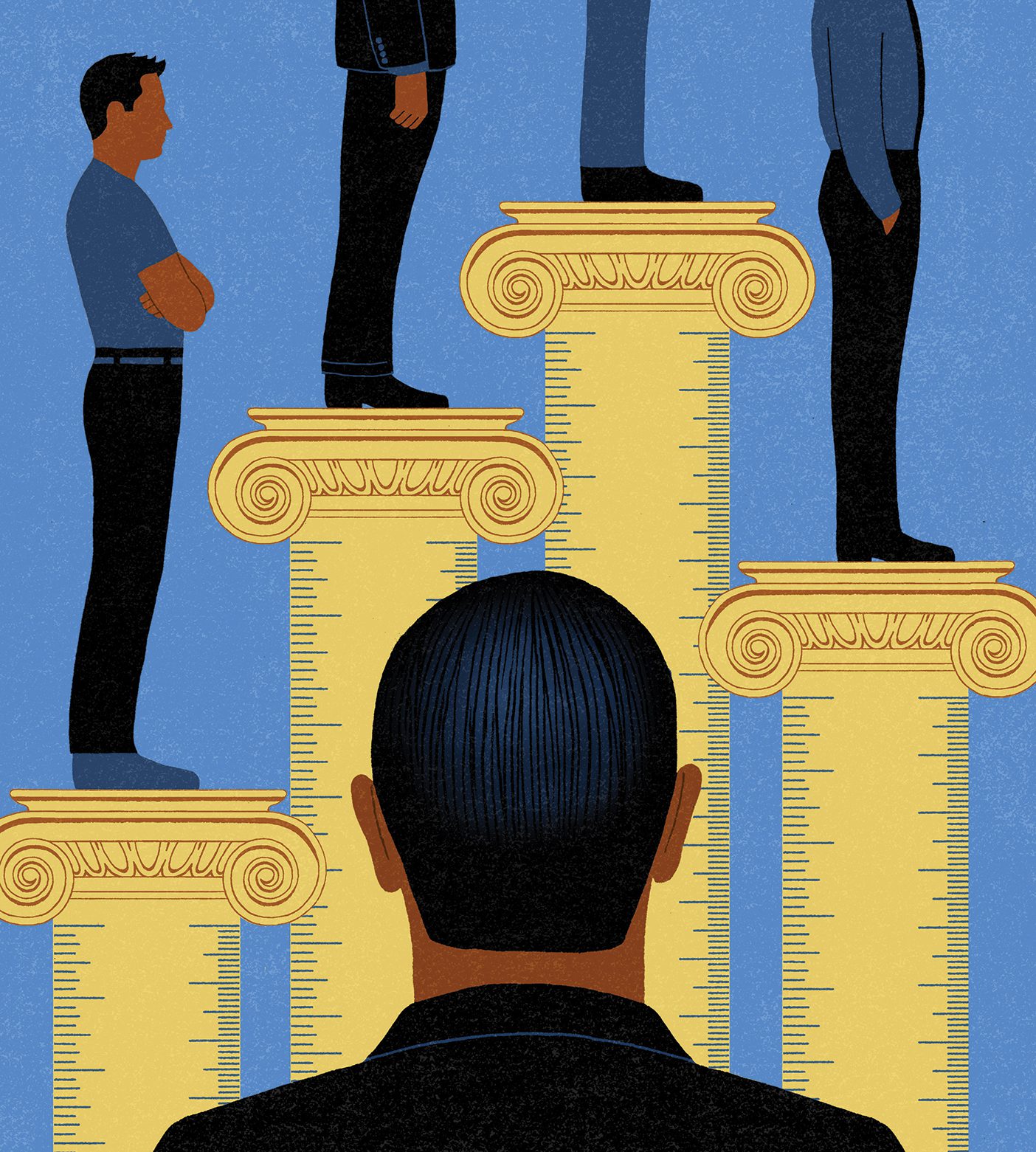 Illustration of men standing on columns of different heights that are decorated with ruler markings. The back of a man's head is in the foreground.