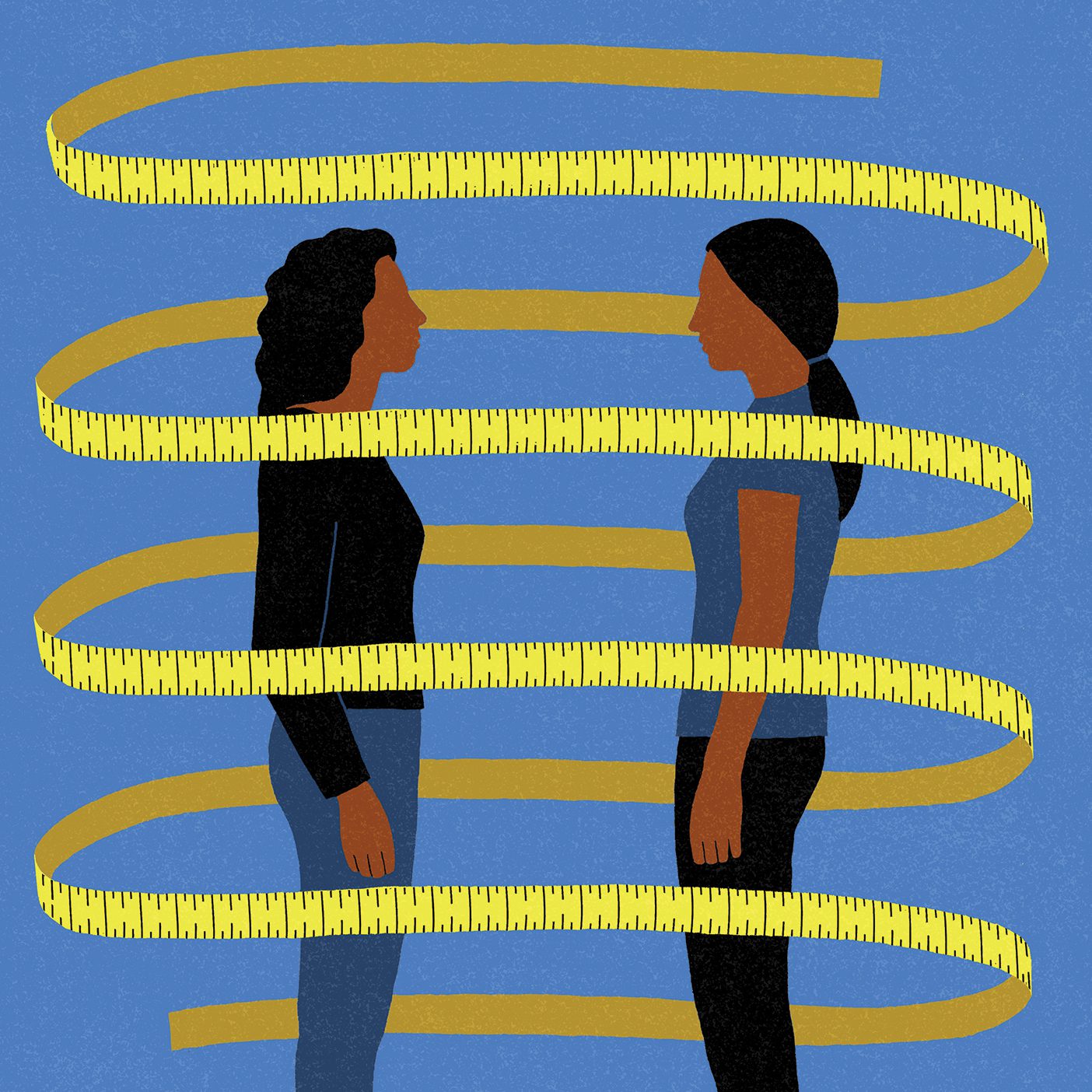 An illustration of two women looking at each other with a long tape measure circled around them in loops.