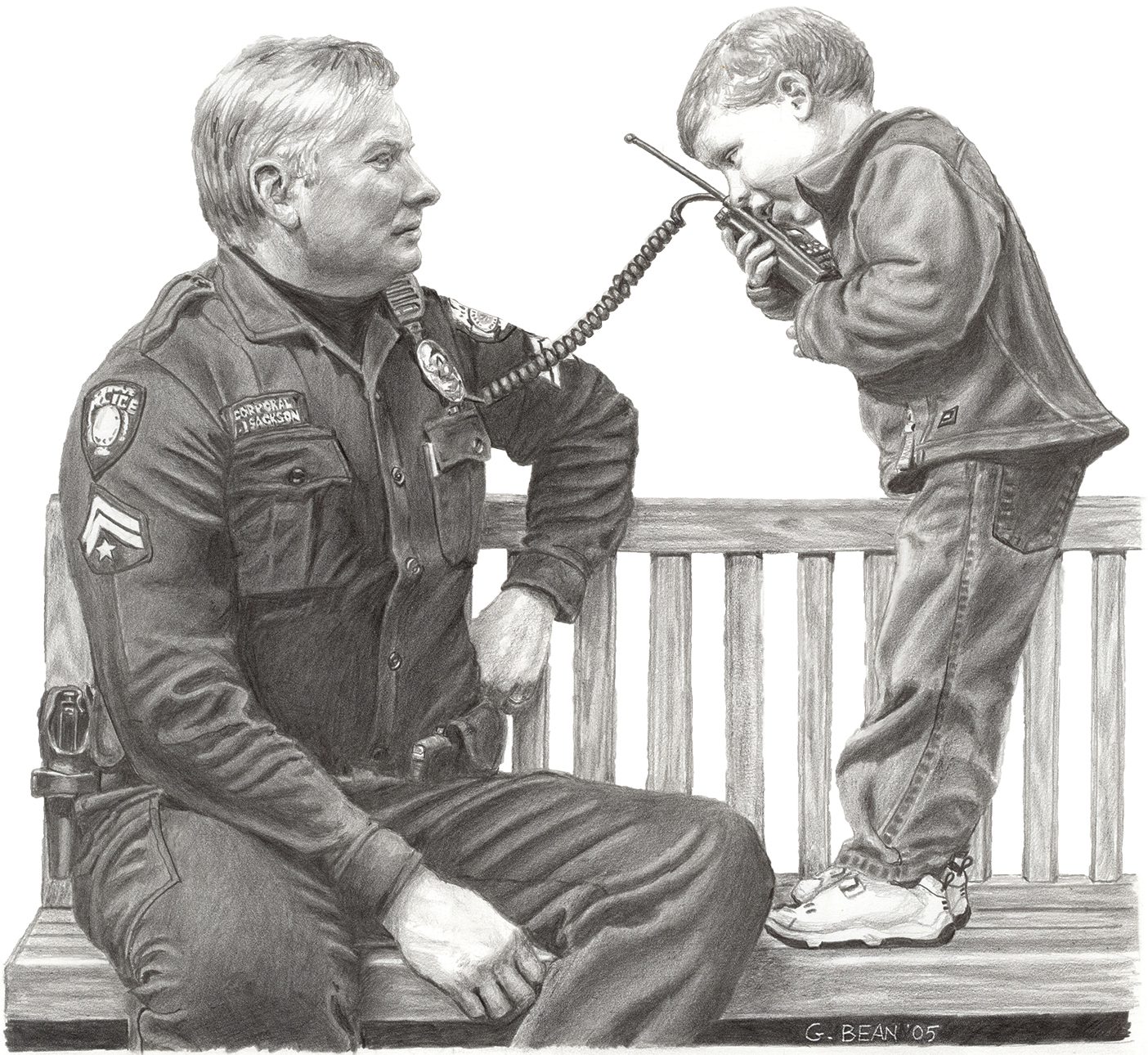 Greg Bean draws a picture in graphite of a Police officer sitting on a bench, looking at a little boy plays with police intercom.