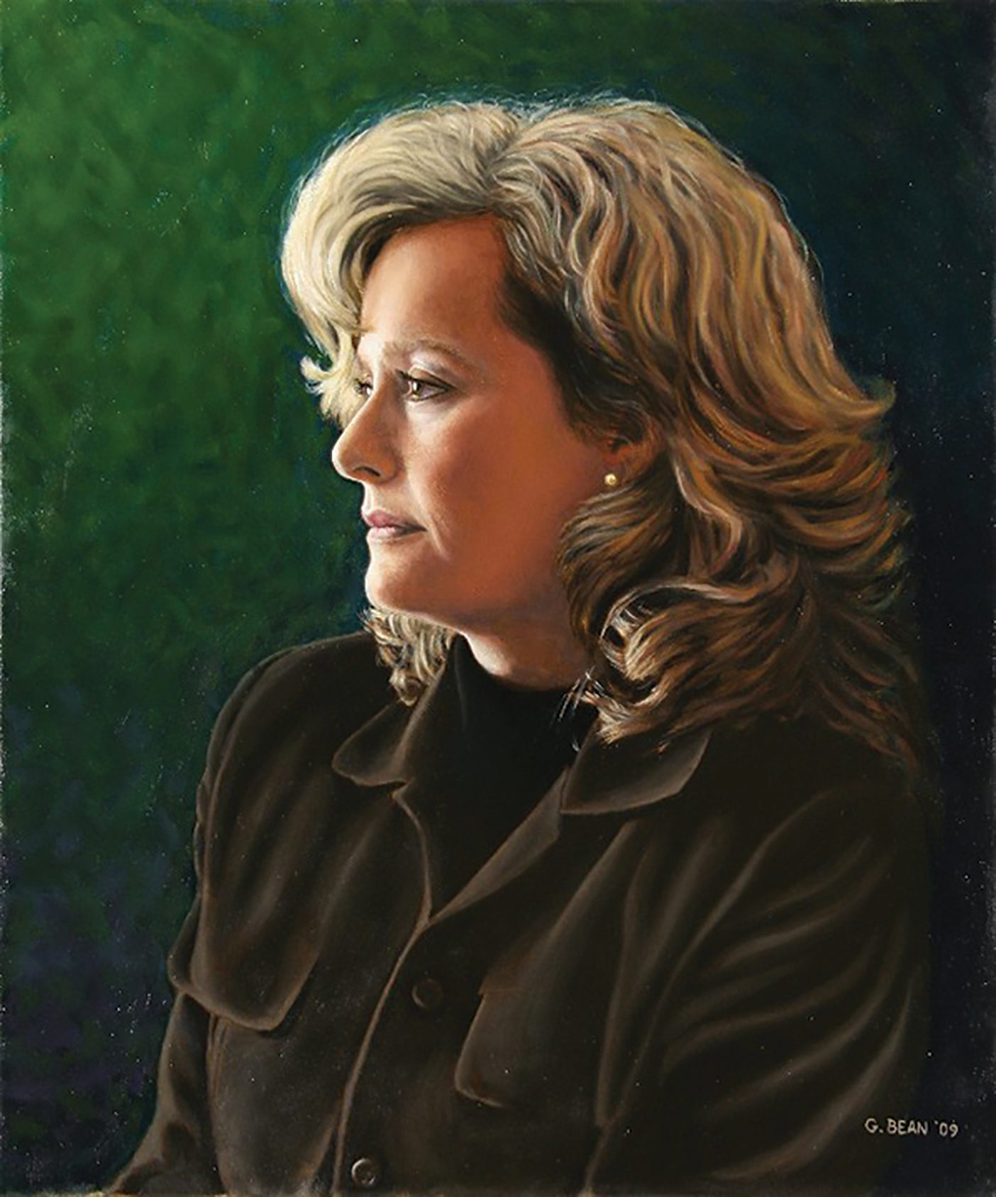 Greg Bean paints his wife, Jean, with oil on canvas.