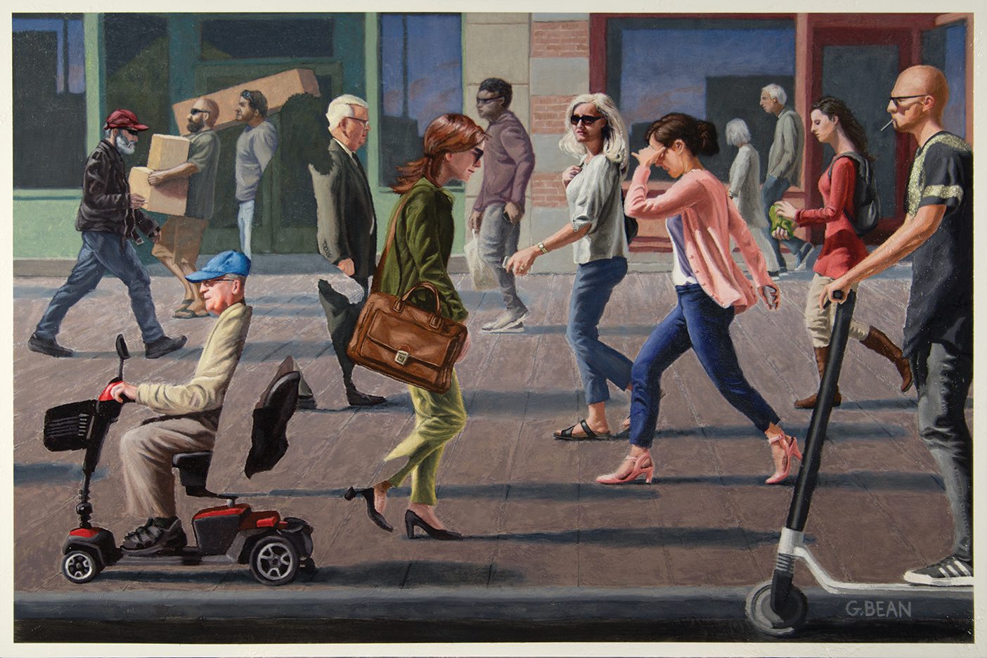 Painting of people walking up and down the side walk, passing by each other and not looking at each other. Part of the painting is erased and is the outline of a man.