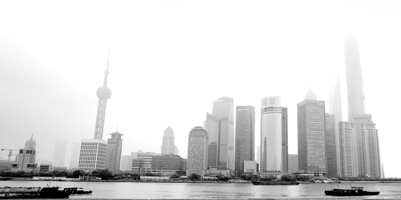 The Shanghai skyline in black and white