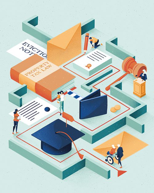 An illustration of people navigating various parts of a maze that is filled with items like a graduation cap, a wallet, a gavel, a book, an envelope, and an eviction notice.