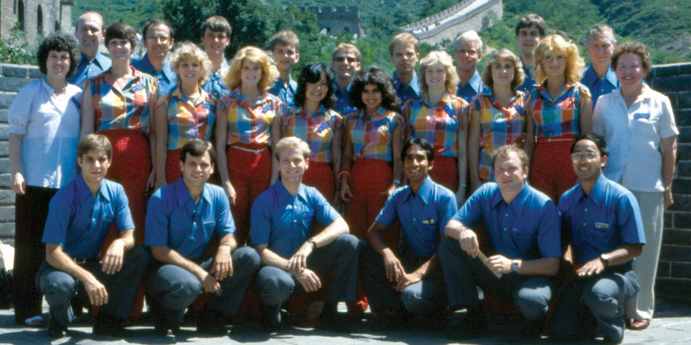 The 1979 BYU performance group poses on the Great Wall of China with Elder Faust and his wife, Ruth.