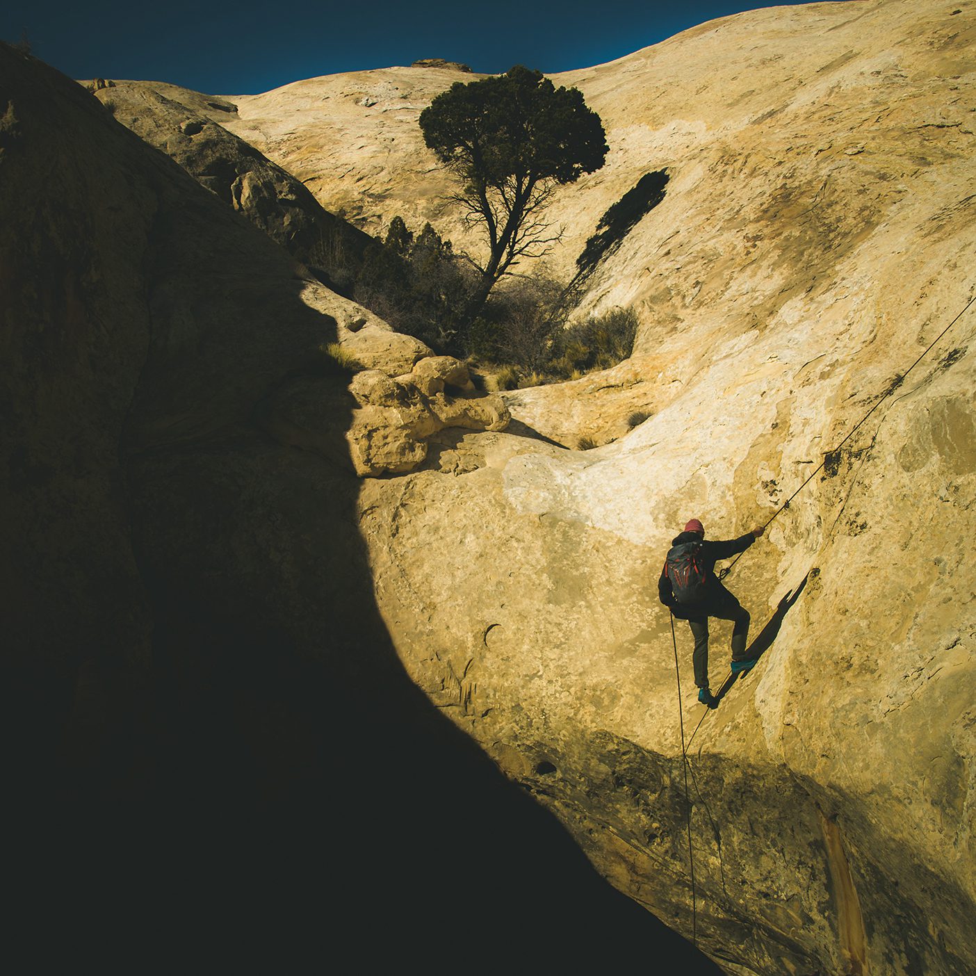A man with a backpack facing away from the camera rappels down a cliff at Wild Horse Window.