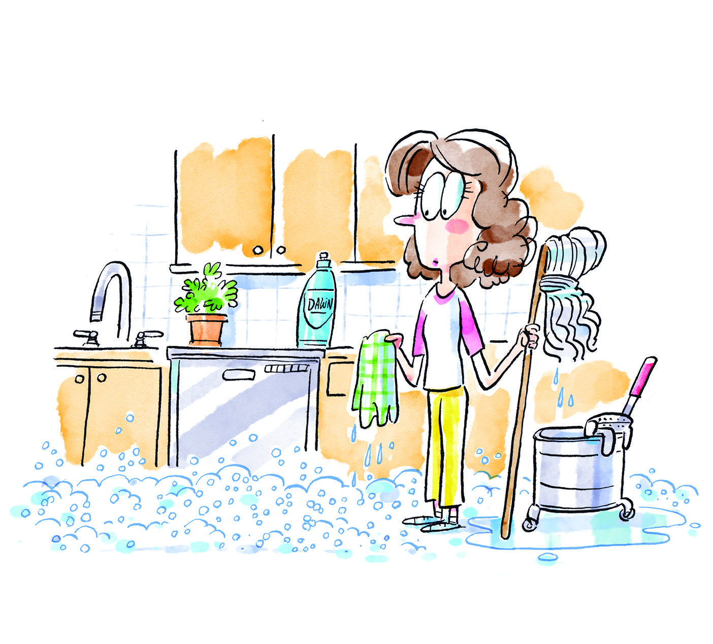 Illustration of a female student holding a mop and dishcloth in a kitchen covered in soapy bubbles.