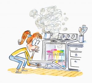 An illustration of female student opening the smoking stove to find a melting mass of rainbow colored plastic.