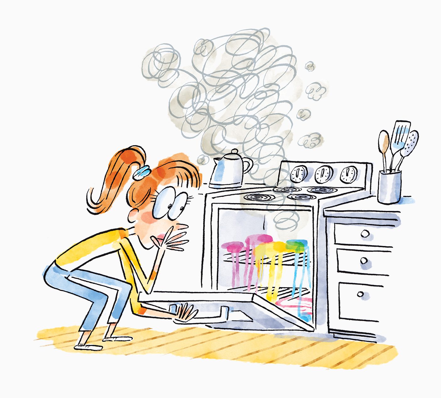 An illustration of female student opening the smoking stove to find a melting mass of rainbow colored plastic.