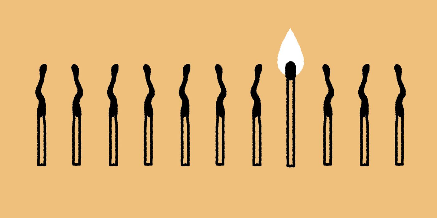 A drawing of matchsticks, with most burned out and one lit.