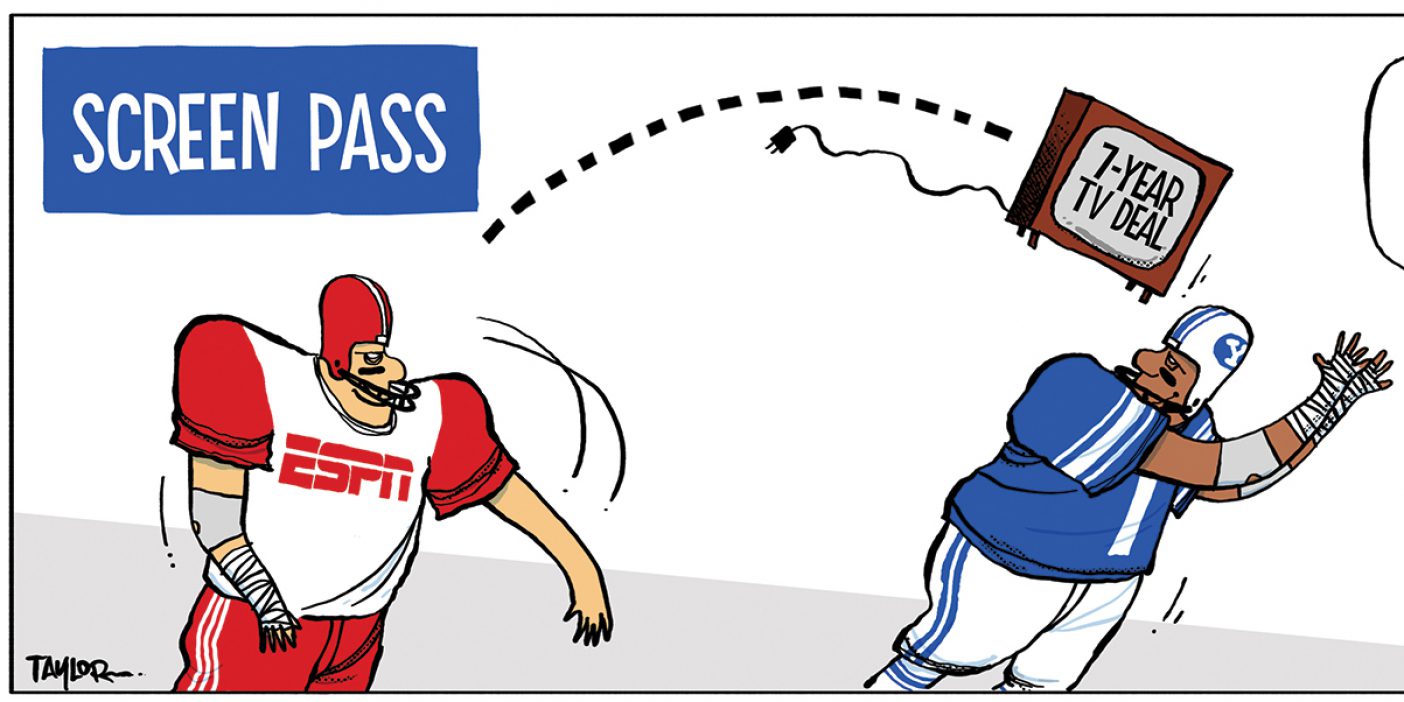 This cartoon depicts a football player dressed in a uniform that reads "ESPN" throwing a television at a BYU football player, the TV screen reads "7-Year TV Deal" and a BYU fan stands nearby cheering, "Way to haul it in!", a large text box is above the image, reading "screen pass".