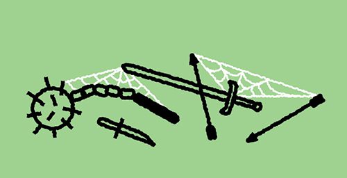 Line drawing of weapons with cobwebs.