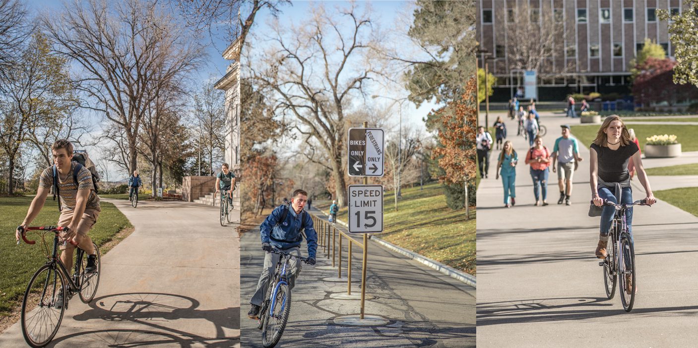 A combination of three images of bikers on BYU campus.