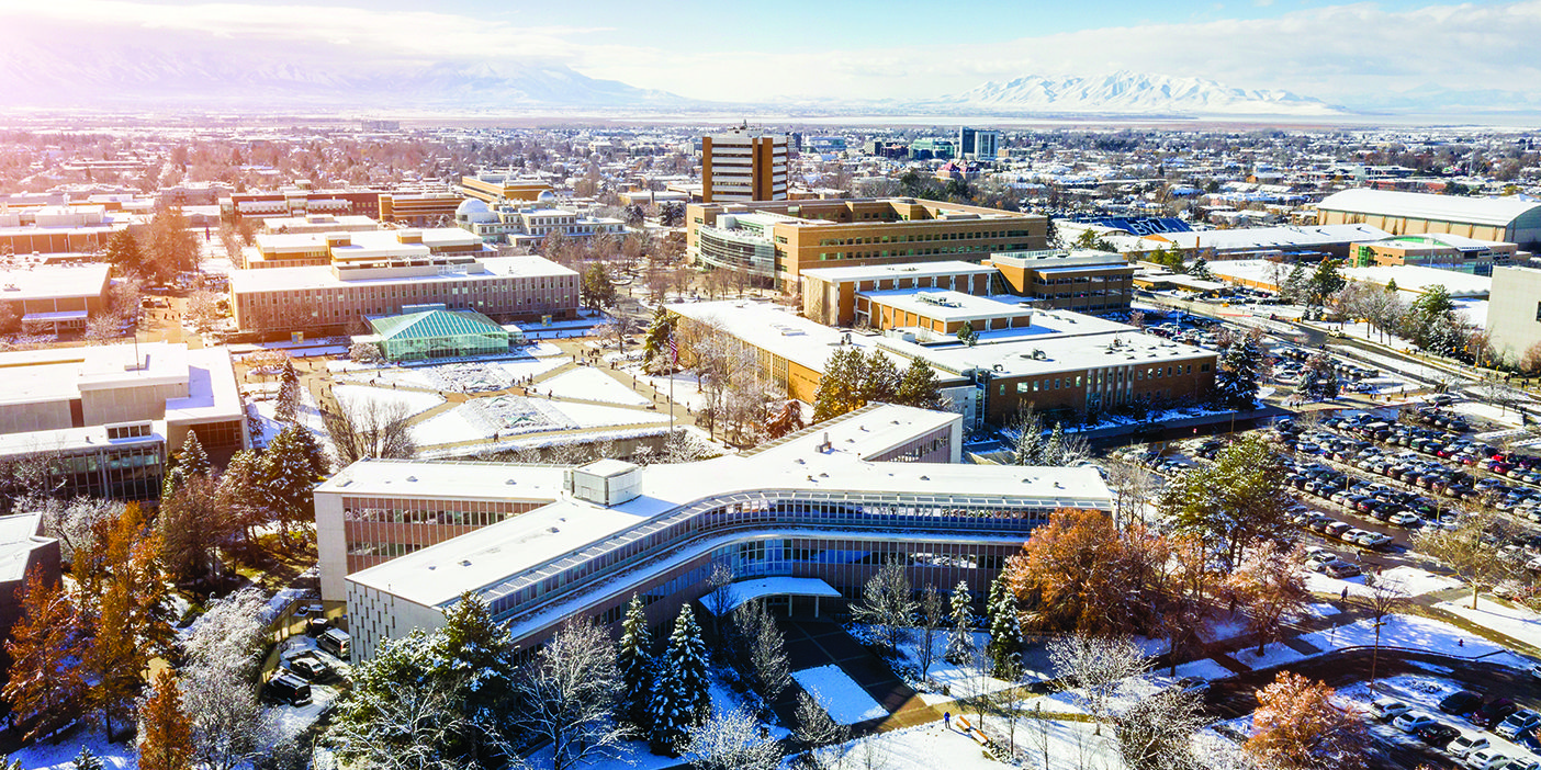 An aerial photo of BYU campus in the winter.